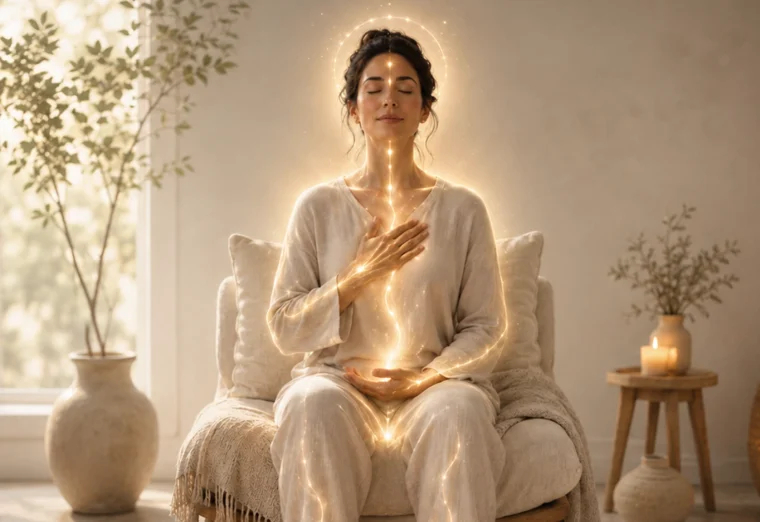 A guided meditation session: someone seated, eyes closed, hands at their heart